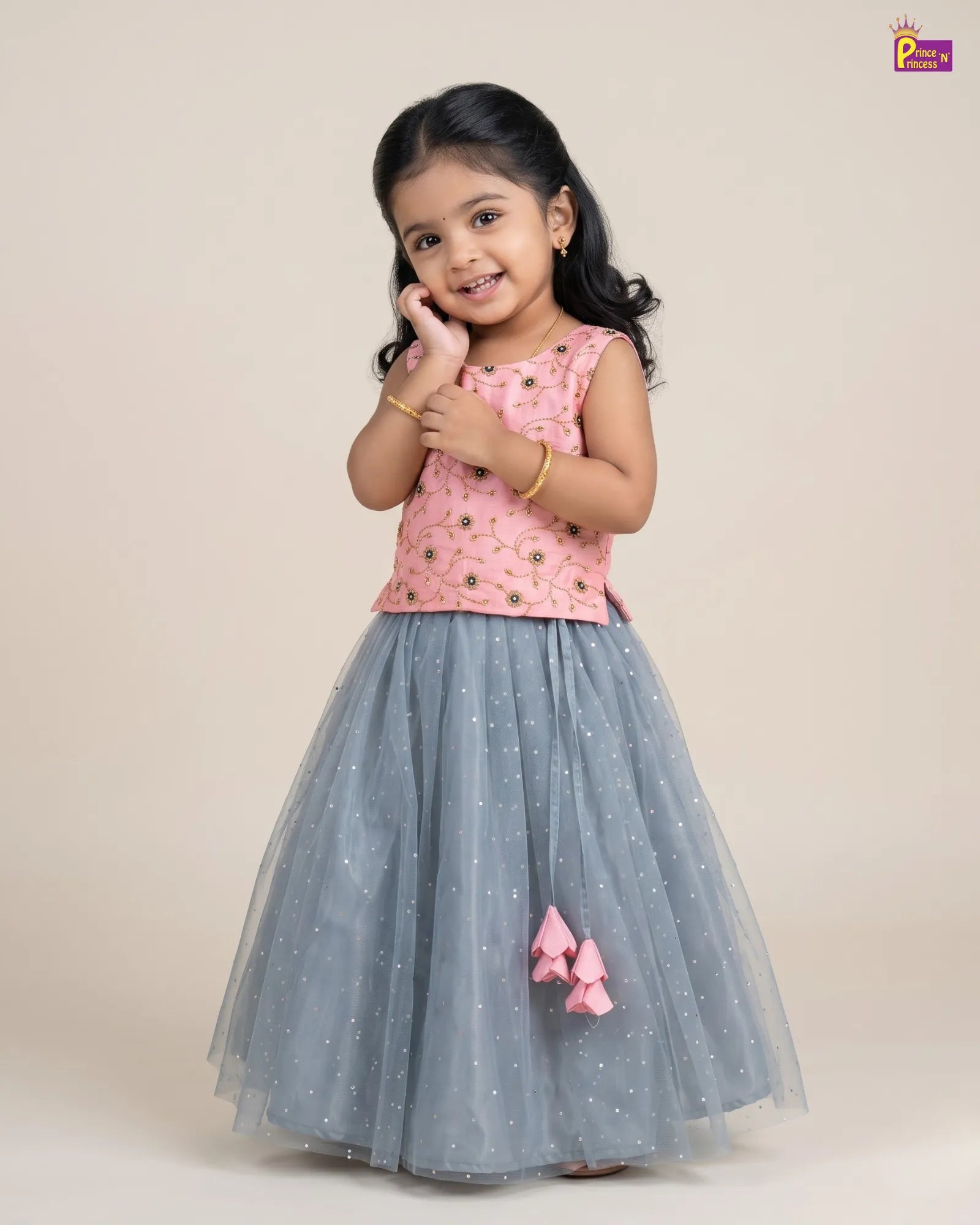 Girls Pink & Grey Embroidered Silk and Net Lehenga Choli Set with Dupatta LC243