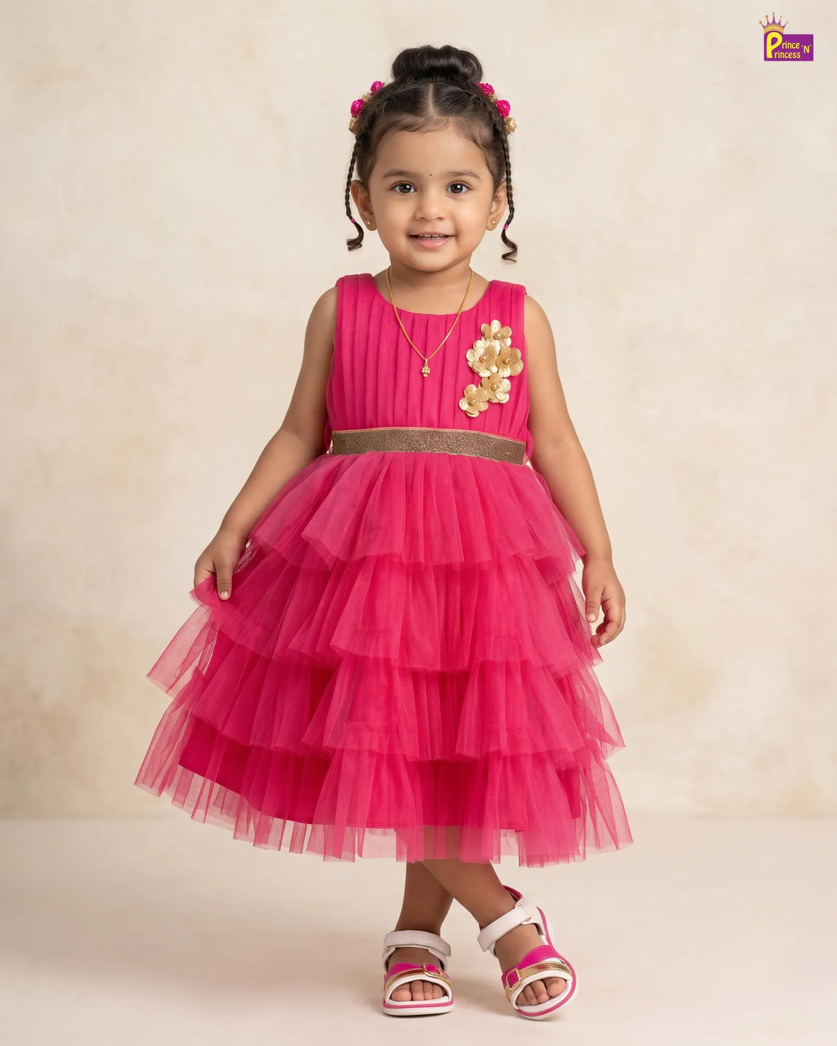 Girls Hot Pink Tulle Dress - Layered Ruffle Party & Birthday Wear BG245