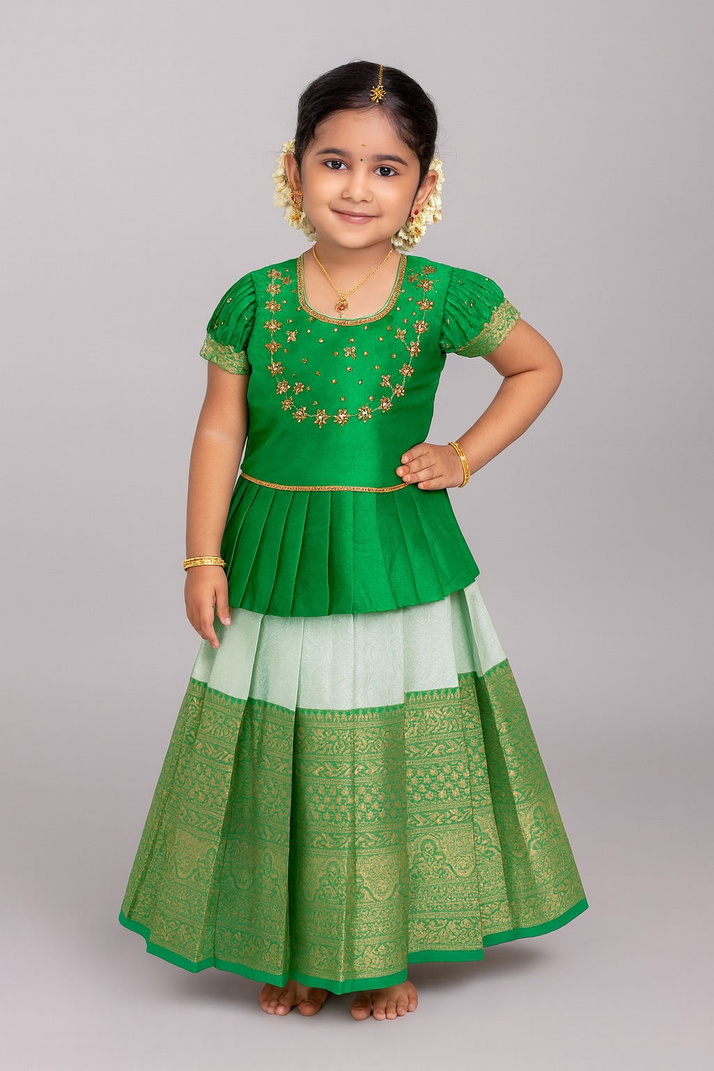 Kids  Green Traditional AARI Work pattu Pavadai PPP1687