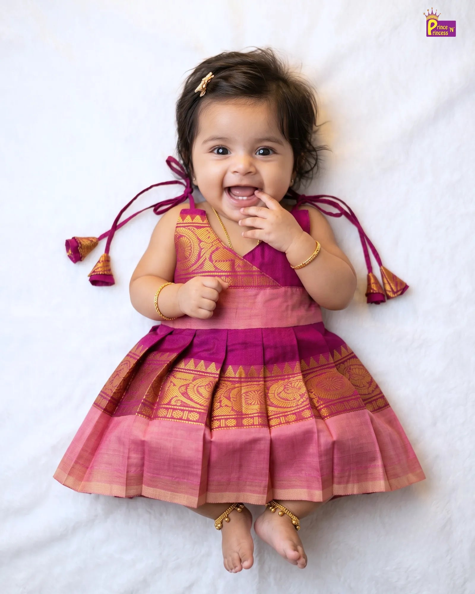 Magenta Rose Pink Chettinad Cotton Pattu Frock + Hairband | Baby Girl Traditional Frock LF2040