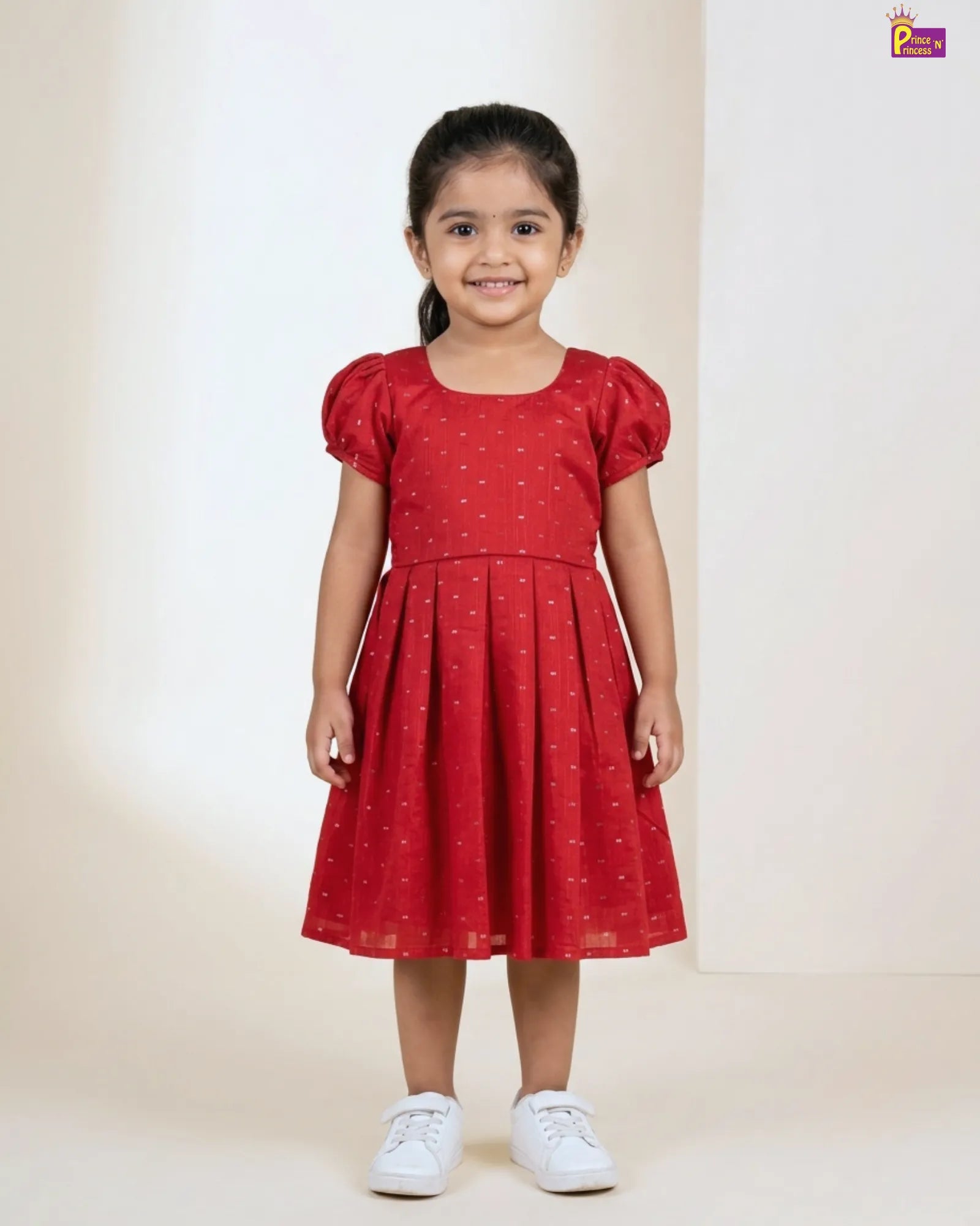 Red Dobby Cotton Frock for Girls | Square Neck Puff Sleeve Daily Wear CF437