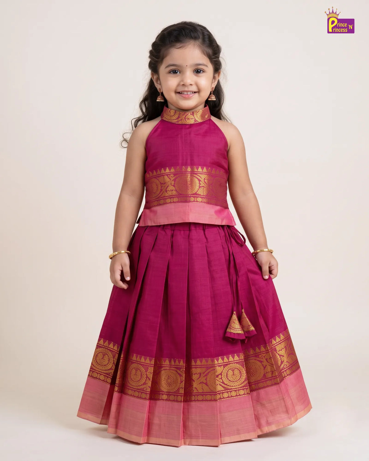 Girls Chettinad Cotton Halter Neck Pattu Pavadai Set - Gold Zari Border PPP2172