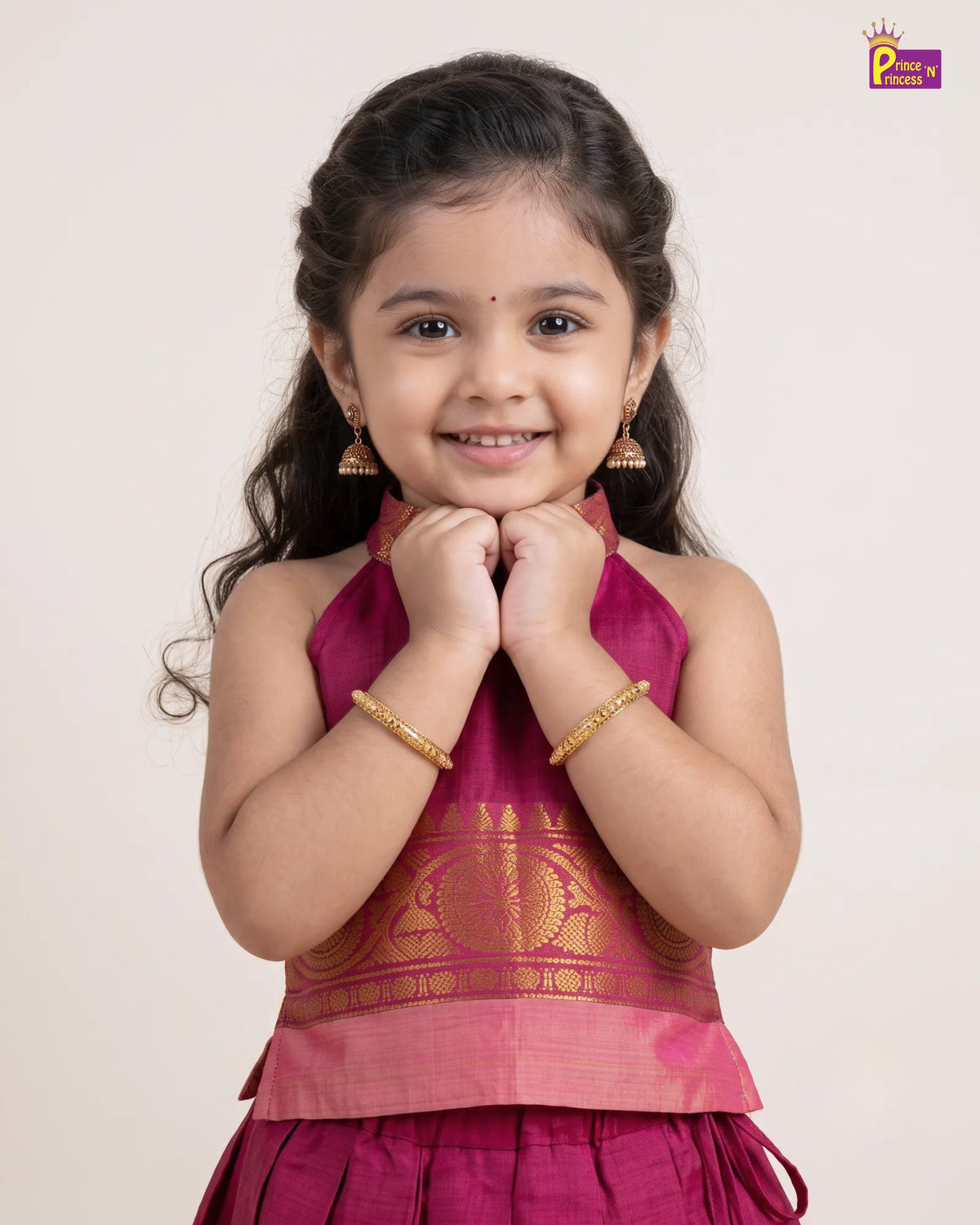 Girls Chettinad Cotton Halter Neck Pattu Pavadai Set - Gold Zari Border PPP2172