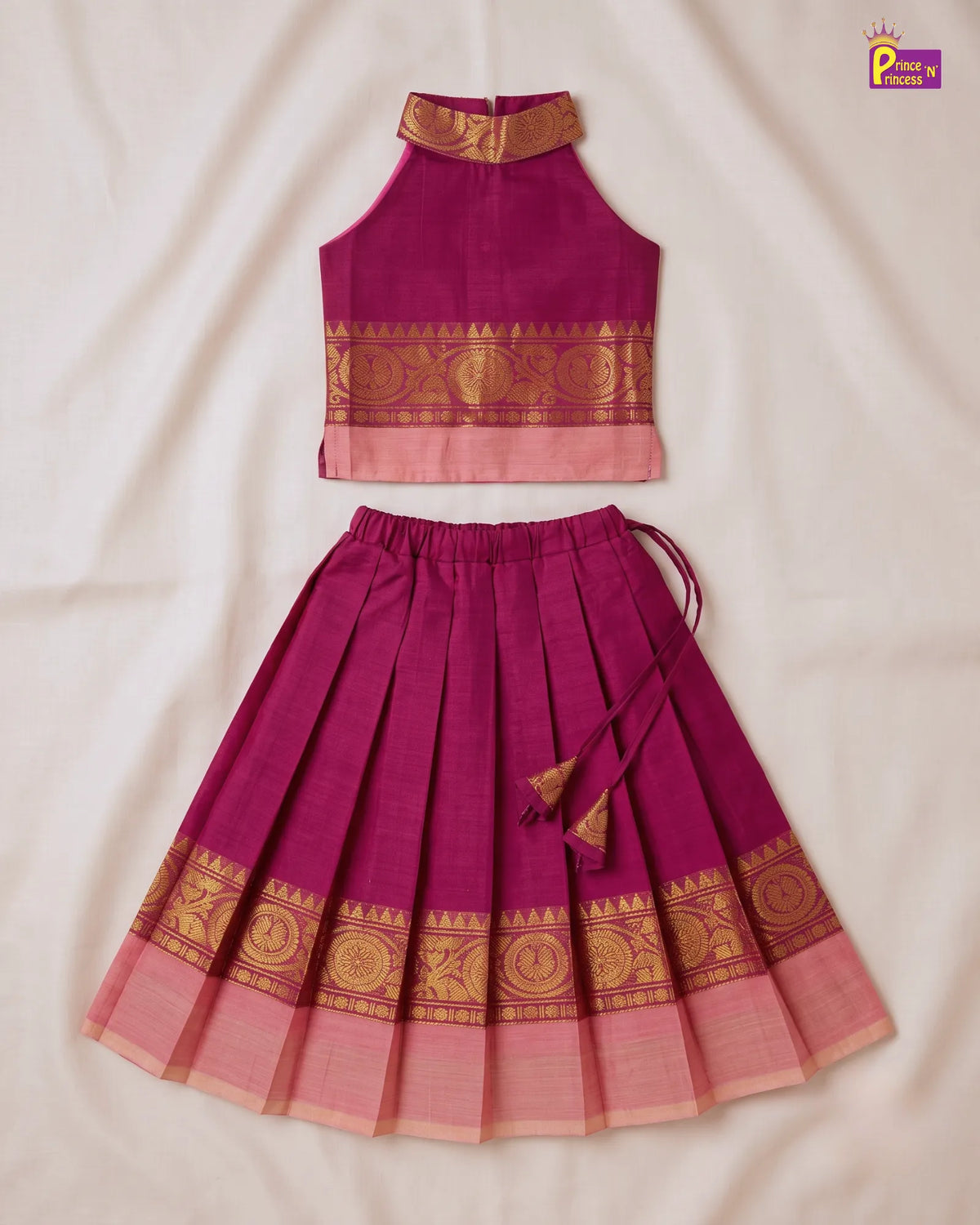 Girls Chettinad Cotton Halter Neck Pattu Pavadai Set - Gold Zari Border PPP2172