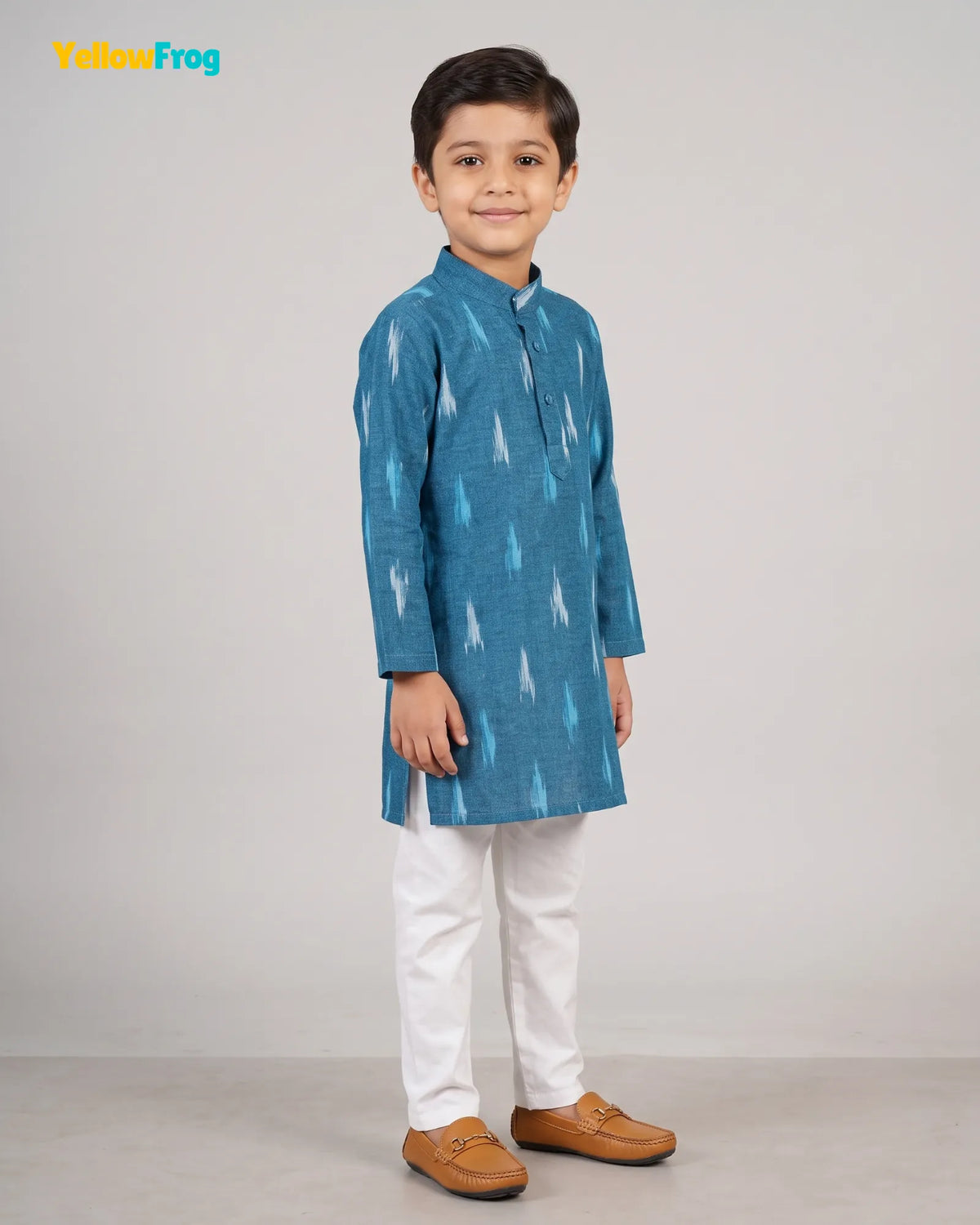 Boys Pure Cotton Ikkat Kurta Pyjama Set - Teal Ikkat Print Ethnic Wear with Collar KP229