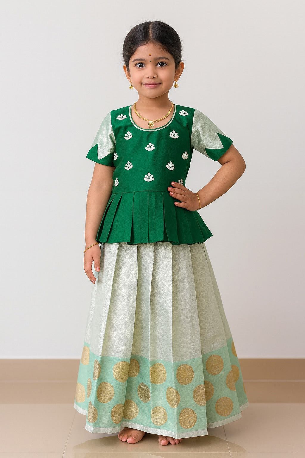 Prince N Princess Green With SIlver AARI Work pattu Pavadai PPP1364