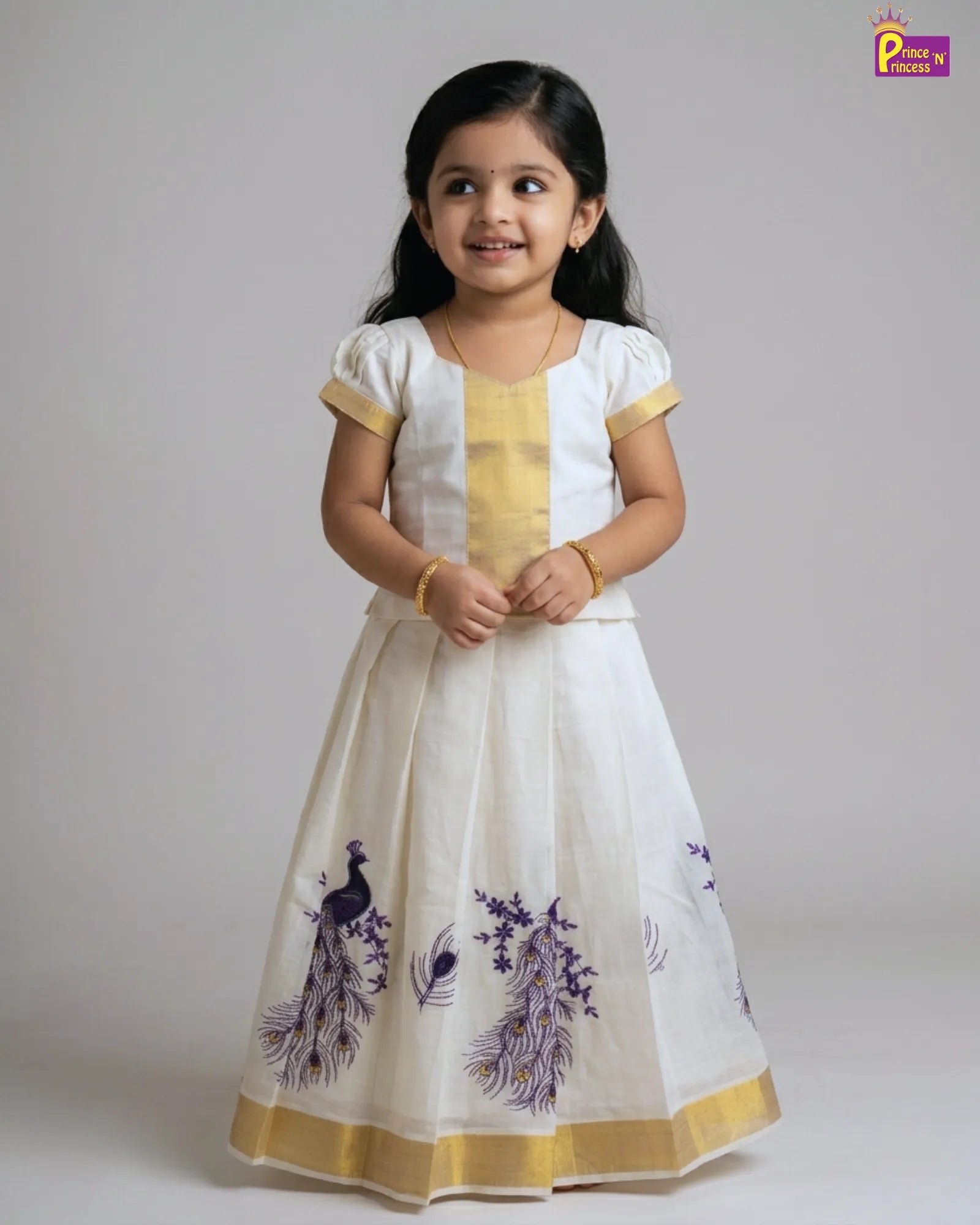 Kerala Kasavu Pattu Pavadai Peacock Printed Skirt | Festival Girls Dress PPP1561