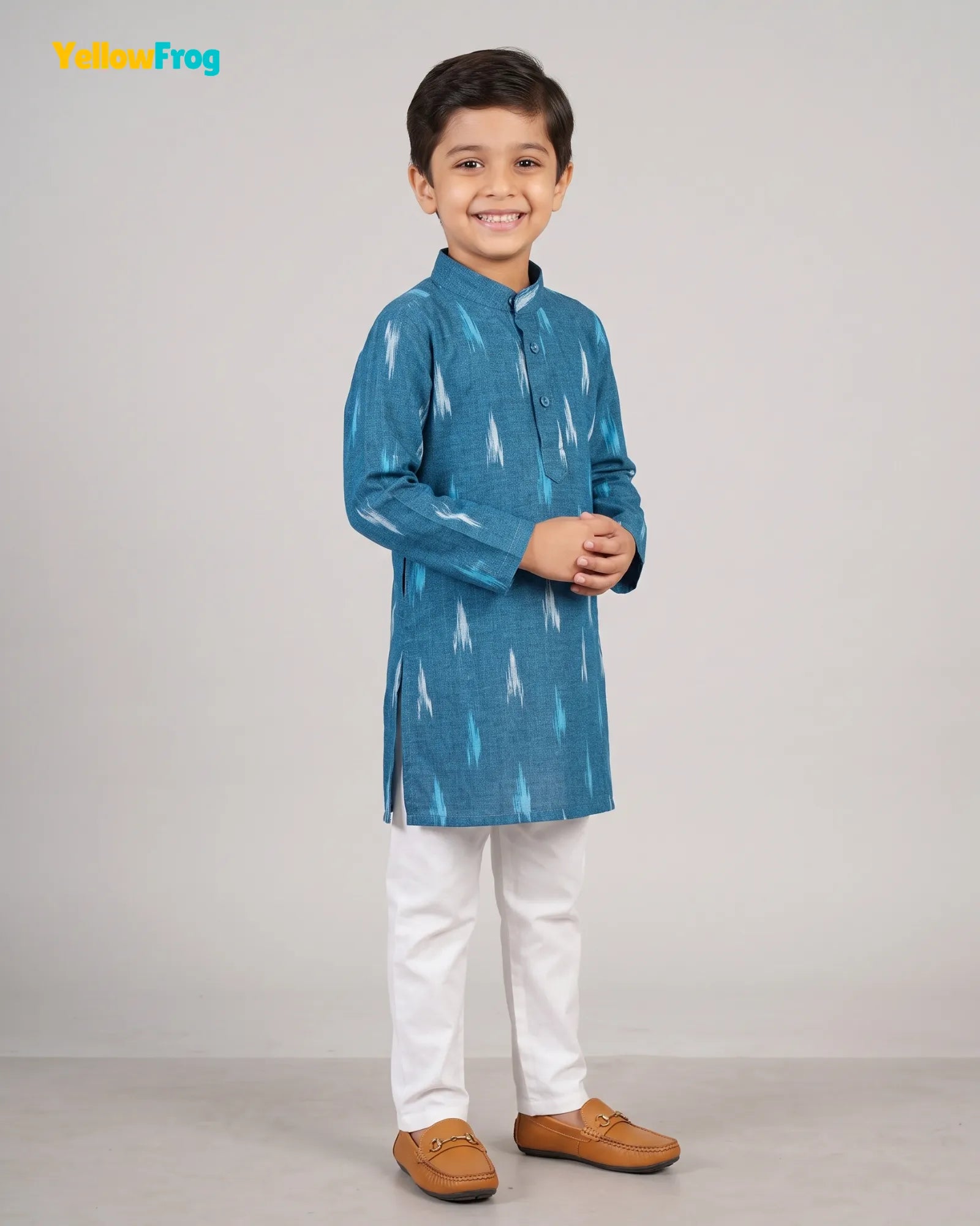 Boys Pure Cotton Ikkat Kurta Pyjama Set - Teal Ikkat Print Ethnic Wear with Collar KP229