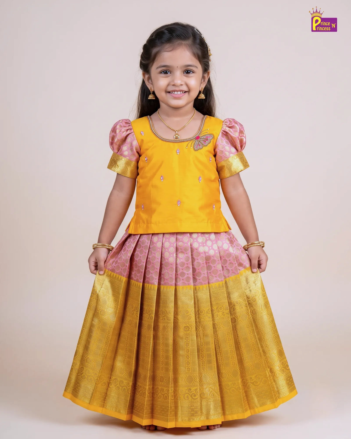 Butterfly Pattu Pavadai for Girls - Yellow Pink Diwali Pattu Pavadai Set PPP2181