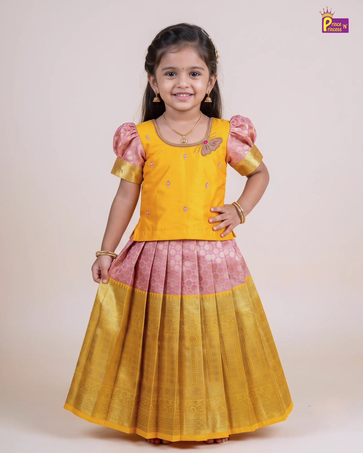 Butterfly Pattu Pavadai for Girls - Yellow Pink Diwali Pattu Pavadai Set PPP2181
