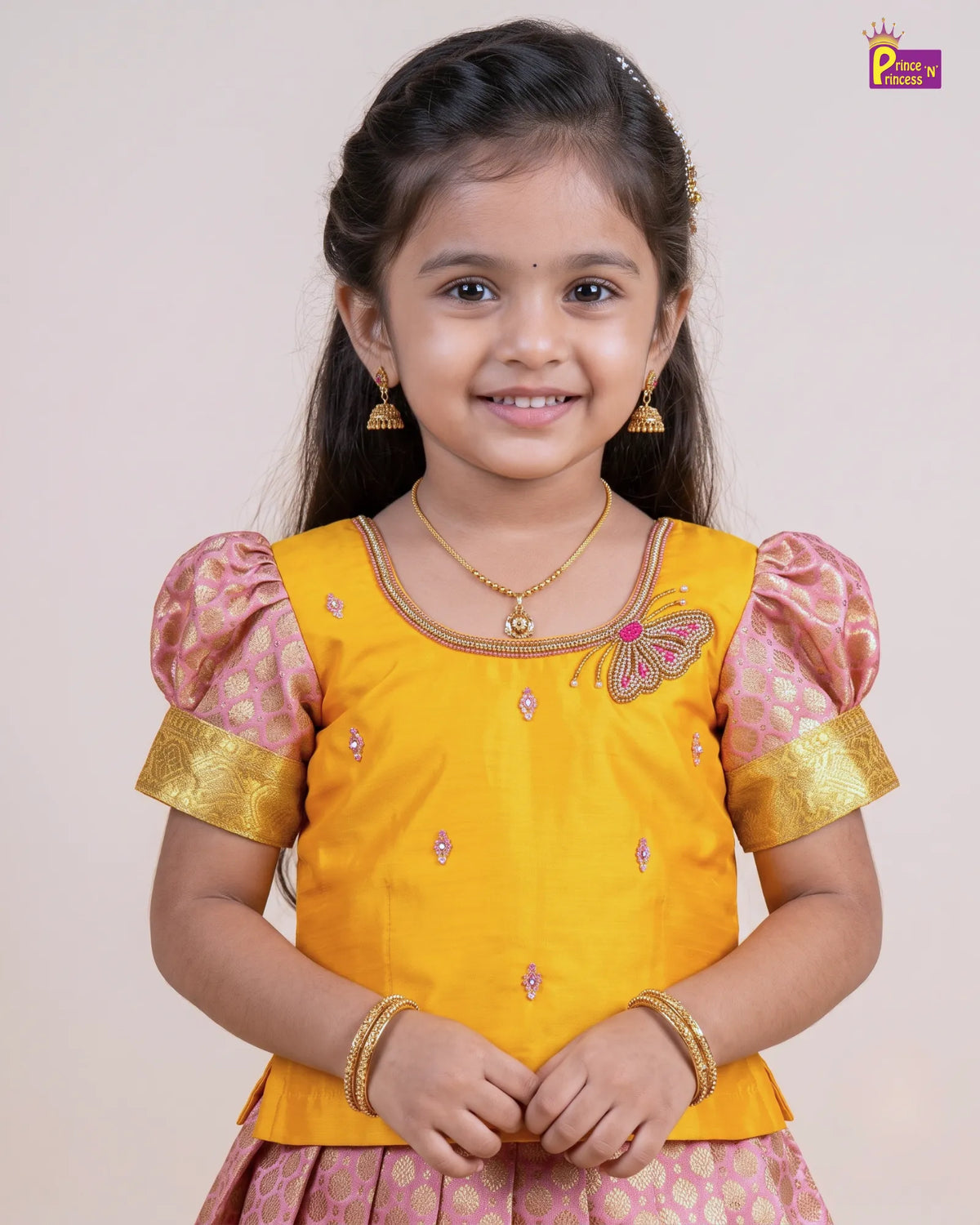 Butterfly Pattu Pavadai for Girls - Yellow Pink Diwali Pattu Pavadai Set PPP2181
