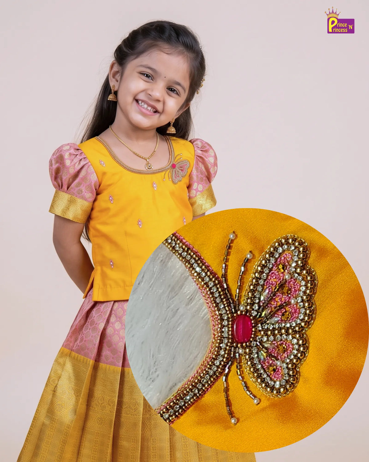 Butterfly Pattu Pavadai for Girls - Yellow Pink Diwali Pattu Pavadai Set PPP2181