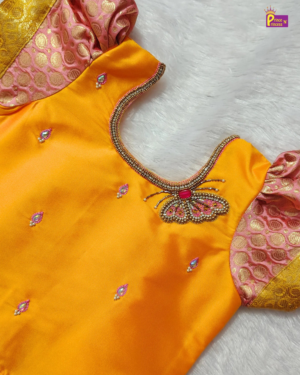 Butterfly Pattu Pavadai for Girls - Yellow Pink Diwali Pattu Pavadai Set PPP2181