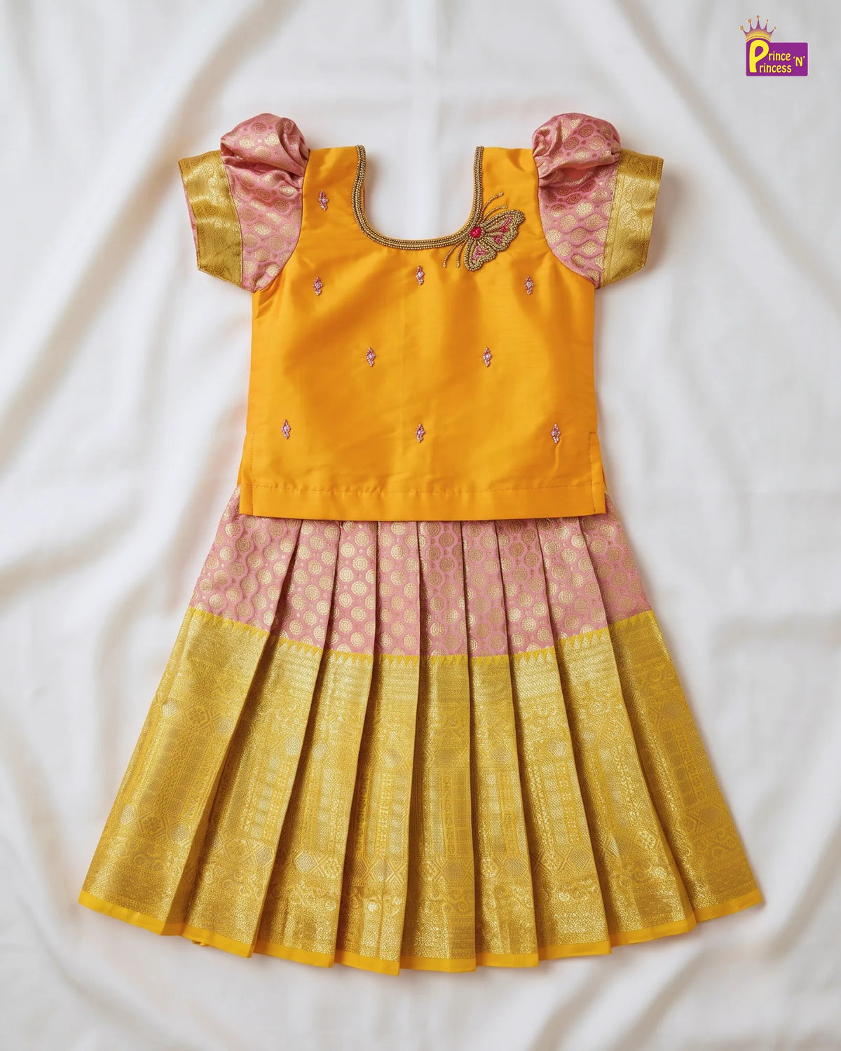 Butterfly Pattu Pavadai for Girls - Yellow Pink Diwali Pattu Pavadai Set PPP2181