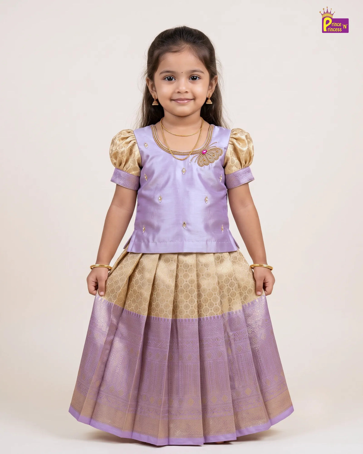 Butterfly Pattu Pavadai for Girls - Lavender Gold Diwali Silk Set PPP2182