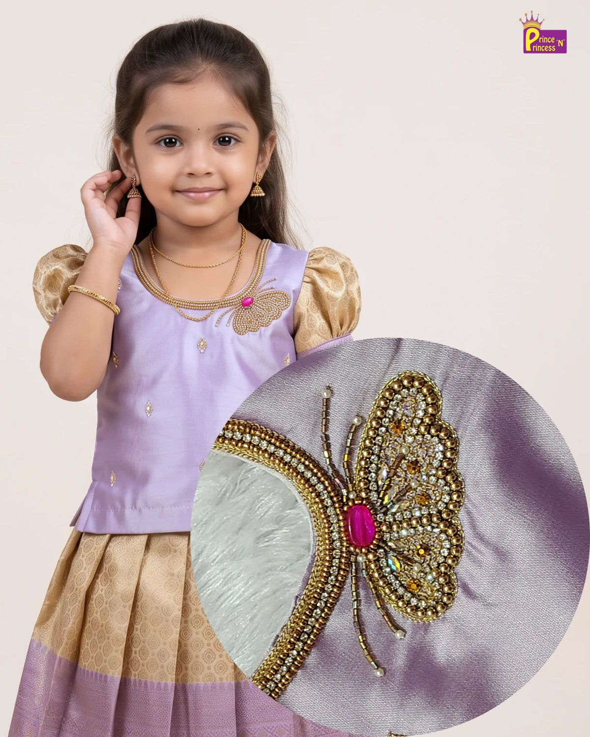 Butterfly Pattu Pavadai for Girls - Lavender Gold Diwali Silk Set PPP2182