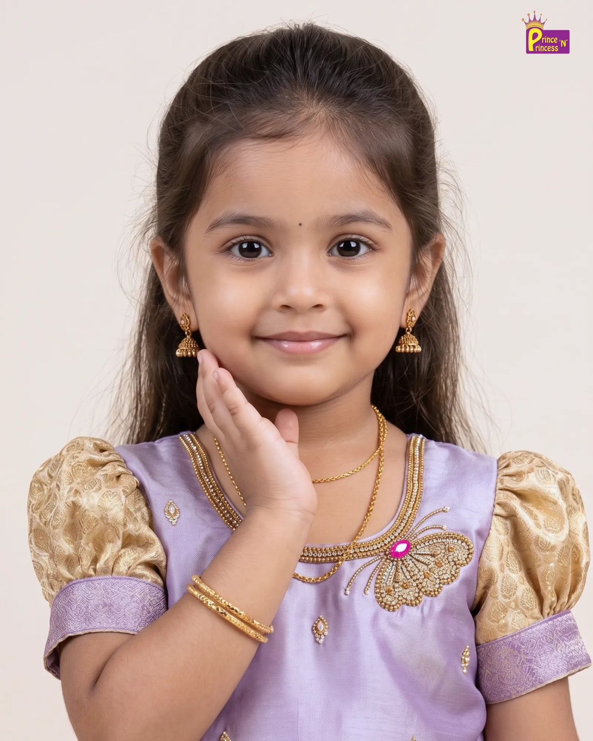 Butterfly Pattu Pavadai for Girls - Lavender Gold Diwali Silk Set PPP2182
