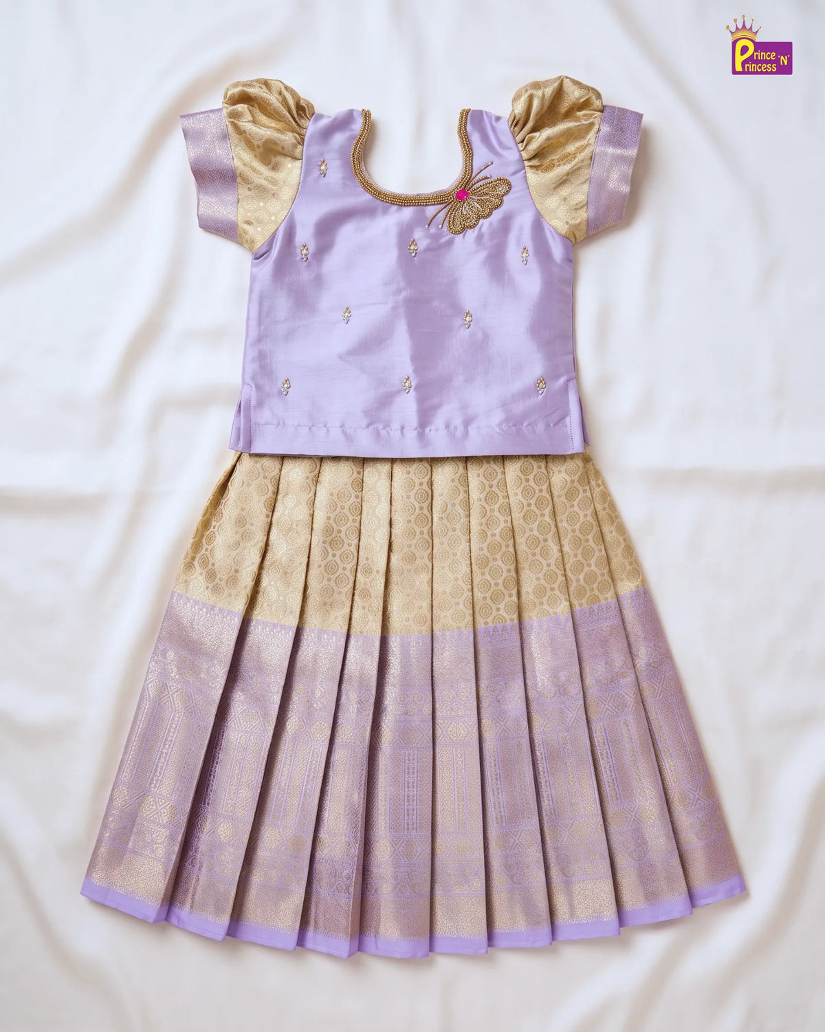 Butterfly Pattu Pavadai for Girls - Lavender Gold Diwali Silk Set PPP2182