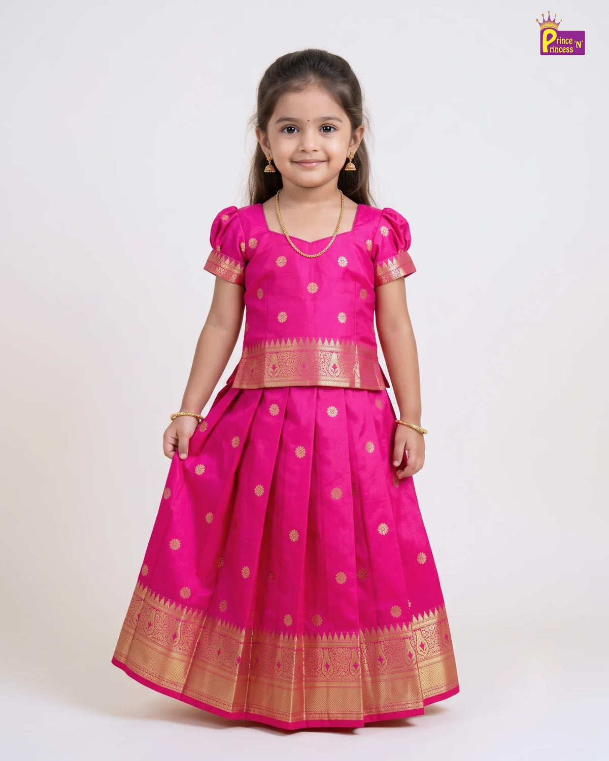 Traditional Pattu Pavadai for Girls - Rani Pink Gold Diwali Set PPP2177