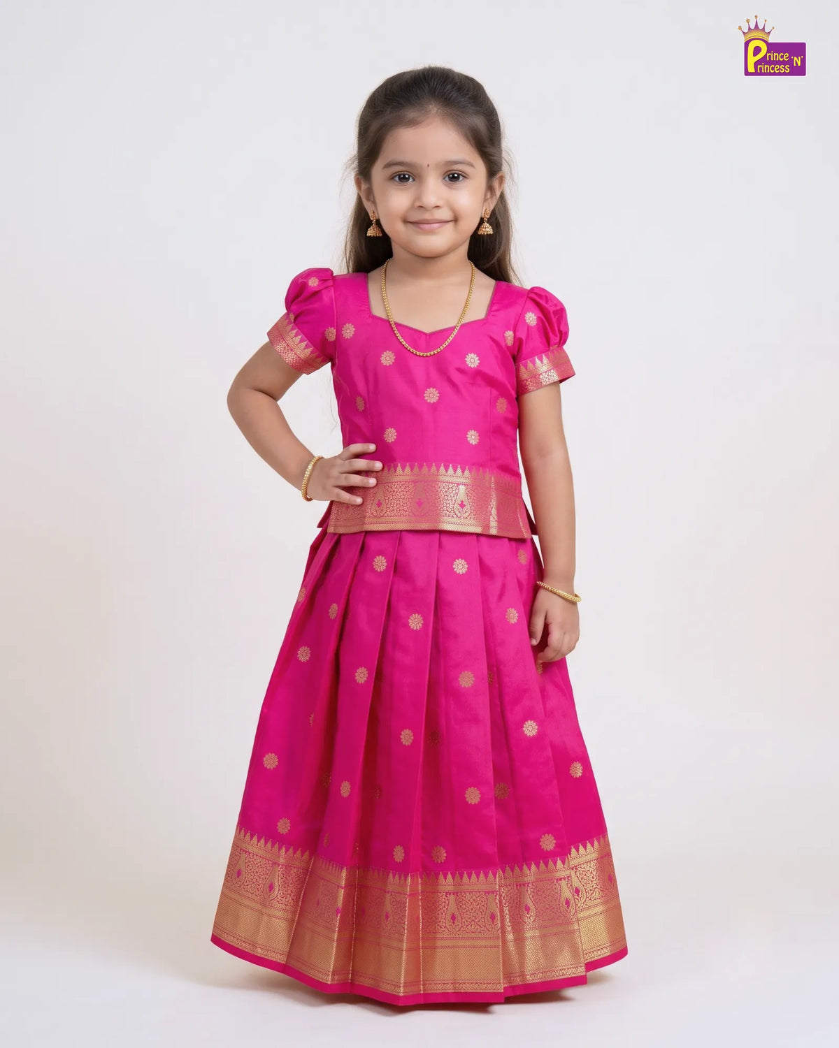 Traditional Pattu Pavadai for Girls - Rani Pink Gold Diwali Set PPP2177