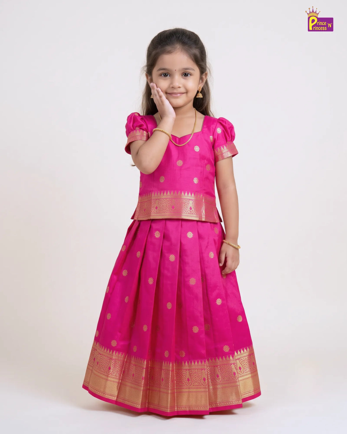 Traditional Pattu Pavadai for Girls - Rani Pink Gold Diwali Set PPP2177