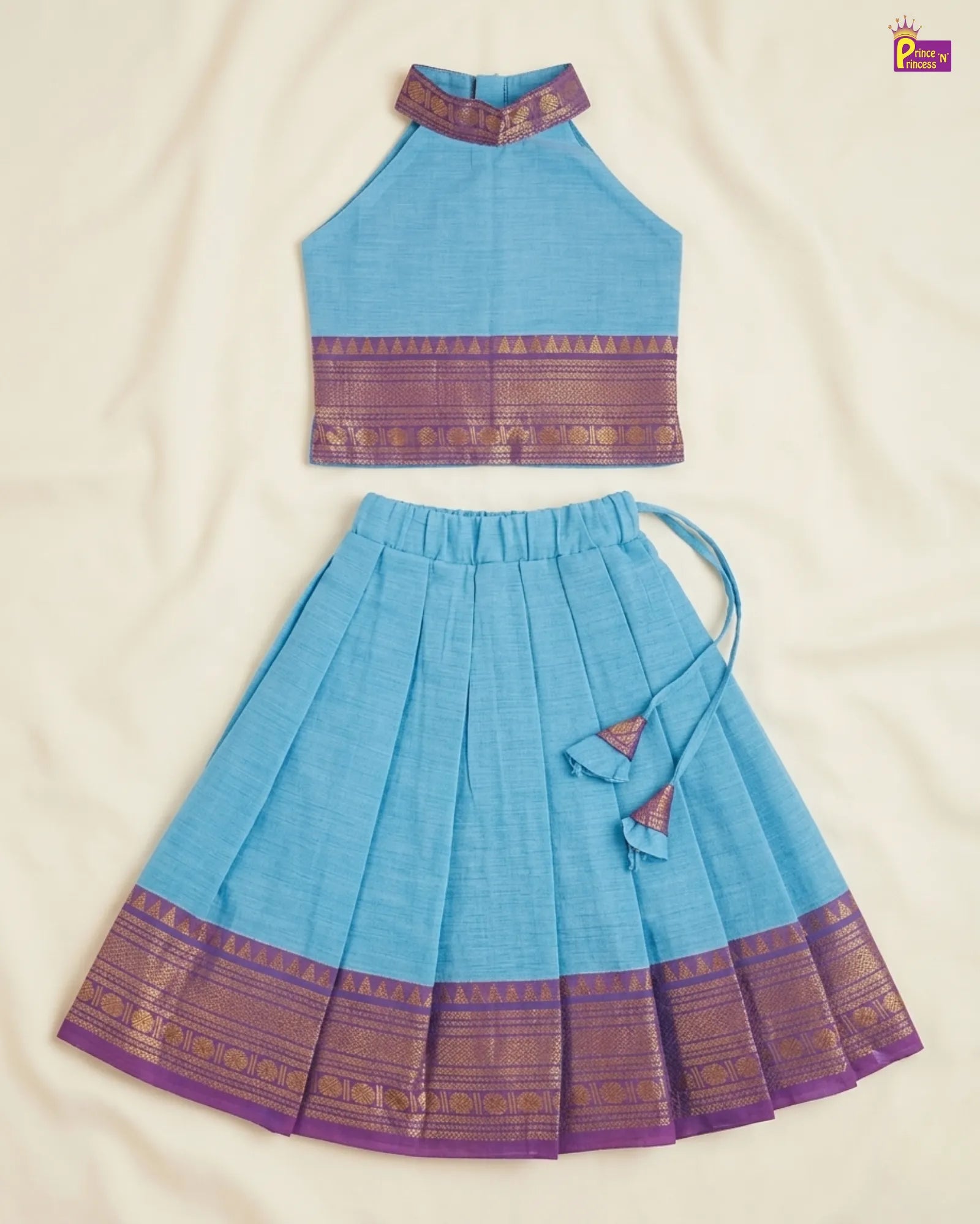 Girls Pure Cotton Chettinad Pattu Pavadai - Sky Blue Cotton Halter Neck Pattu Pavadai PPP2078
