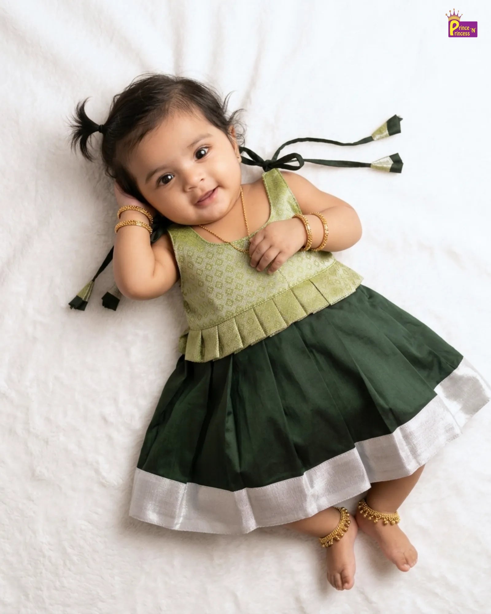 Newborn Baby Girl Olive Green Peplum Pattu Frock – Silver Border Dress LF2002