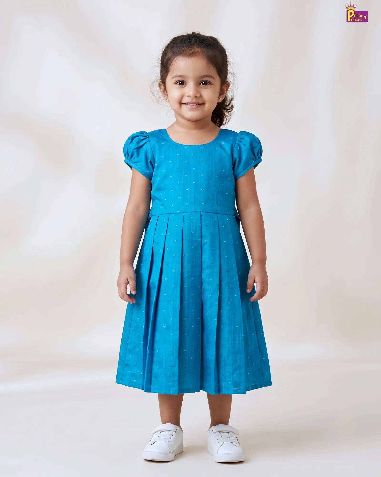 Sky Blue Dobby Cotton Midi Frock for Girls | Puff Sleeve Long Dress CF436