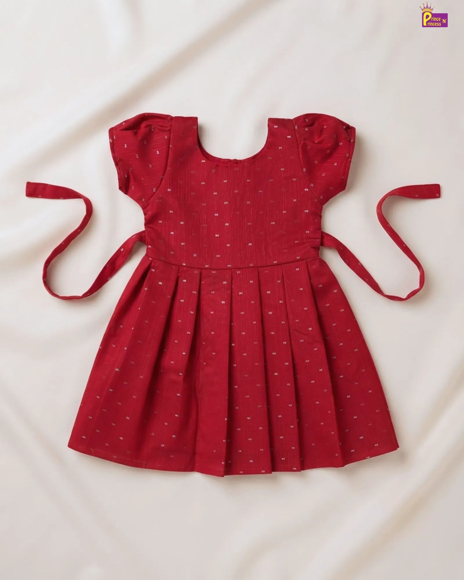 Red Dobby Cotton Frock for Girls | Square Neck Puff Sleeve Daily Wear CF437