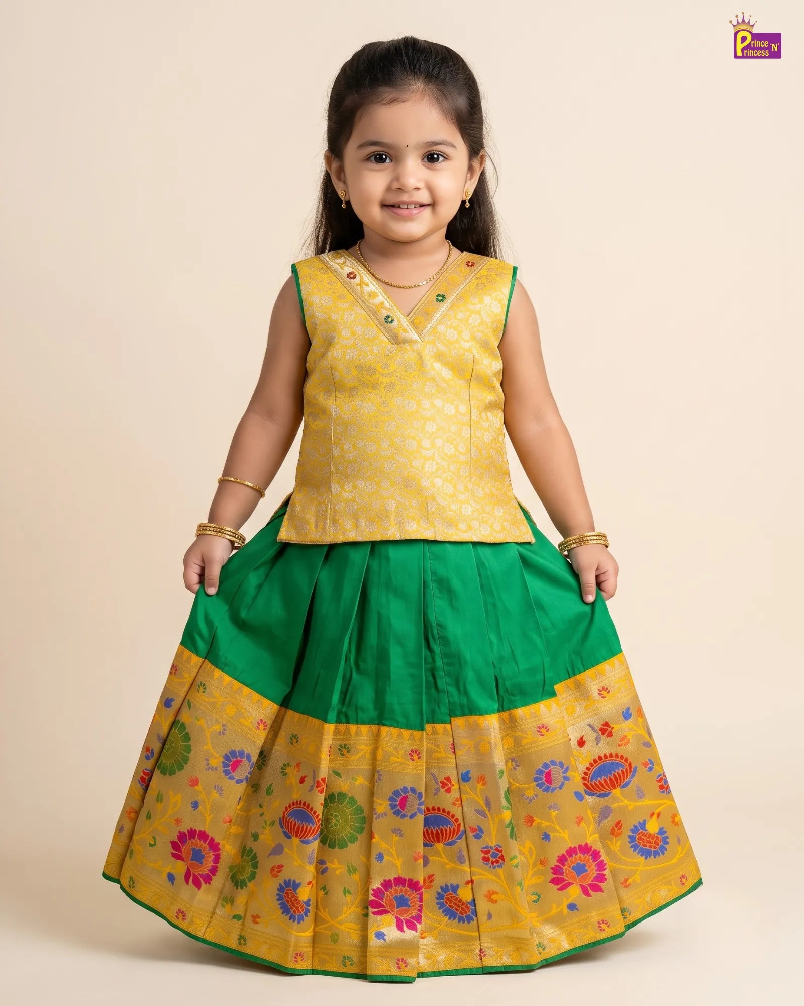 Yellow Green Pattu Pavadai for Girls - Floral Zari Border PPP1827
