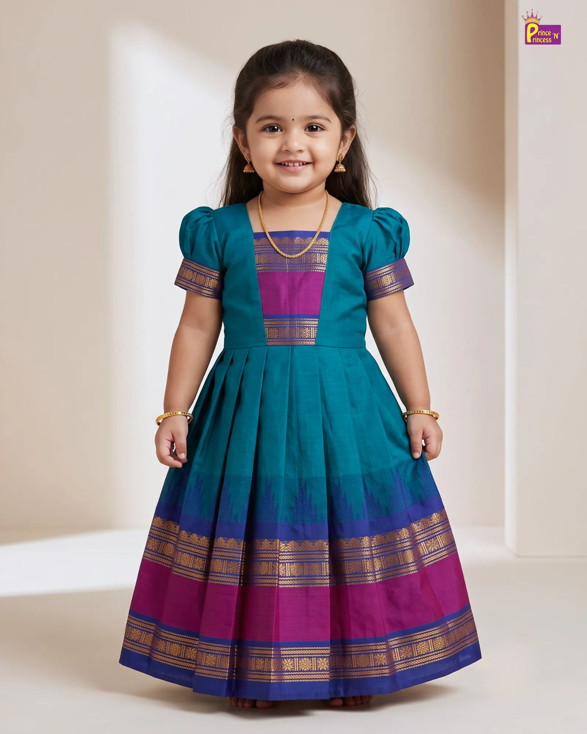 Girls Chettinad Pattu Gown - Floor Length Dress with Magenta Gold Paisley Border PG732