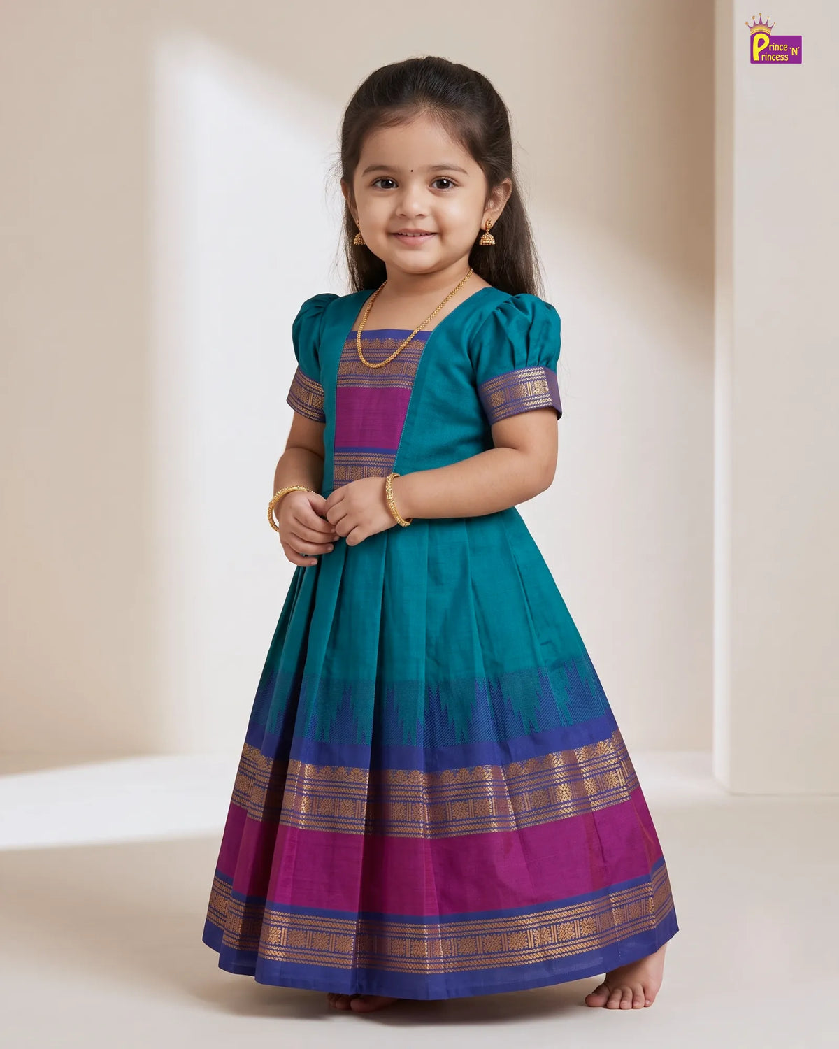 Girls Chettinad Pattu Gown - Floor Length Dress with Magenta Gold Paisley Border PG732