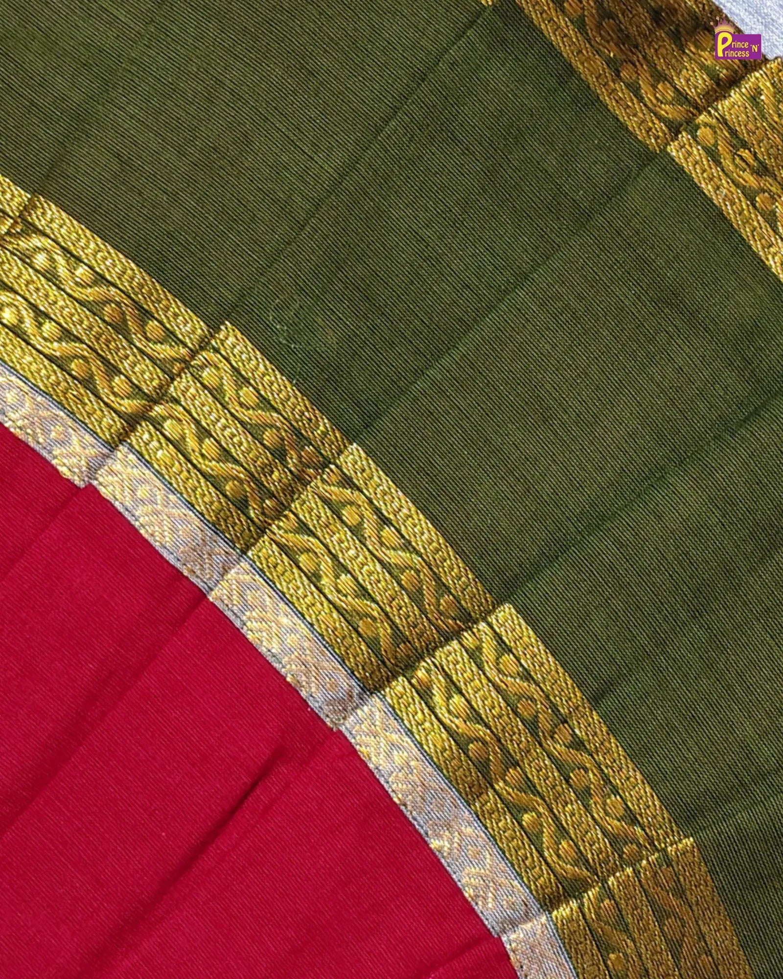 Chettinad Cotton Green fabric with gold and silver border