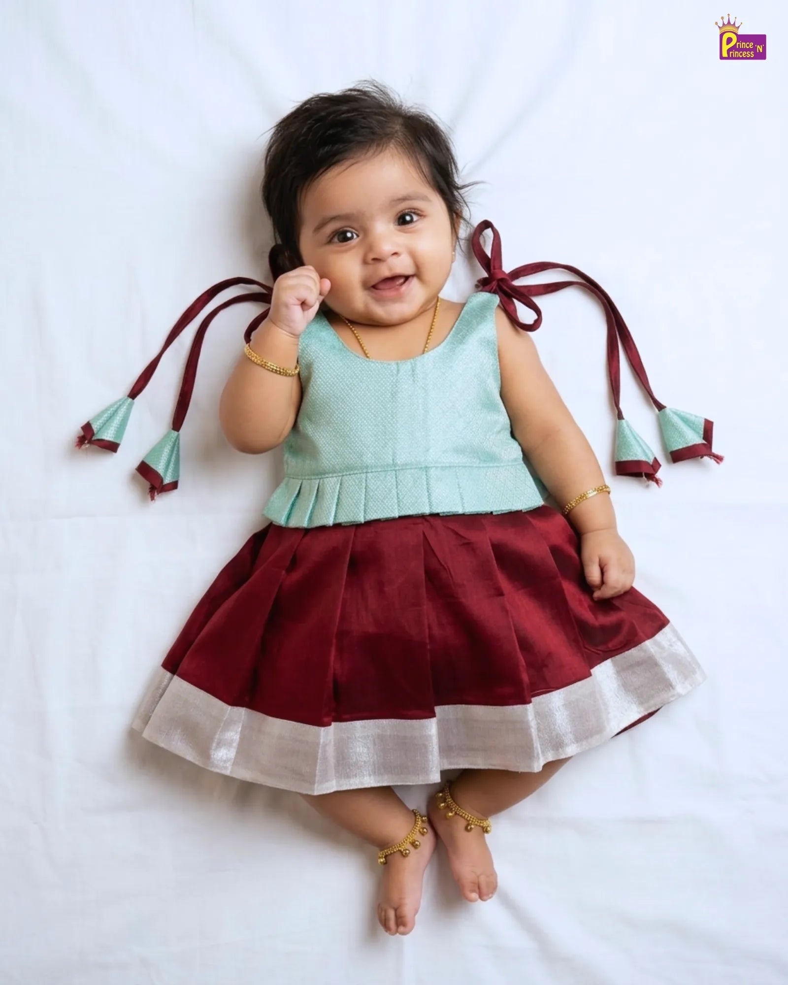 Newborn Baby Girl Maroon Peplum Pattu Frock – Silver Border Dress LF2010
