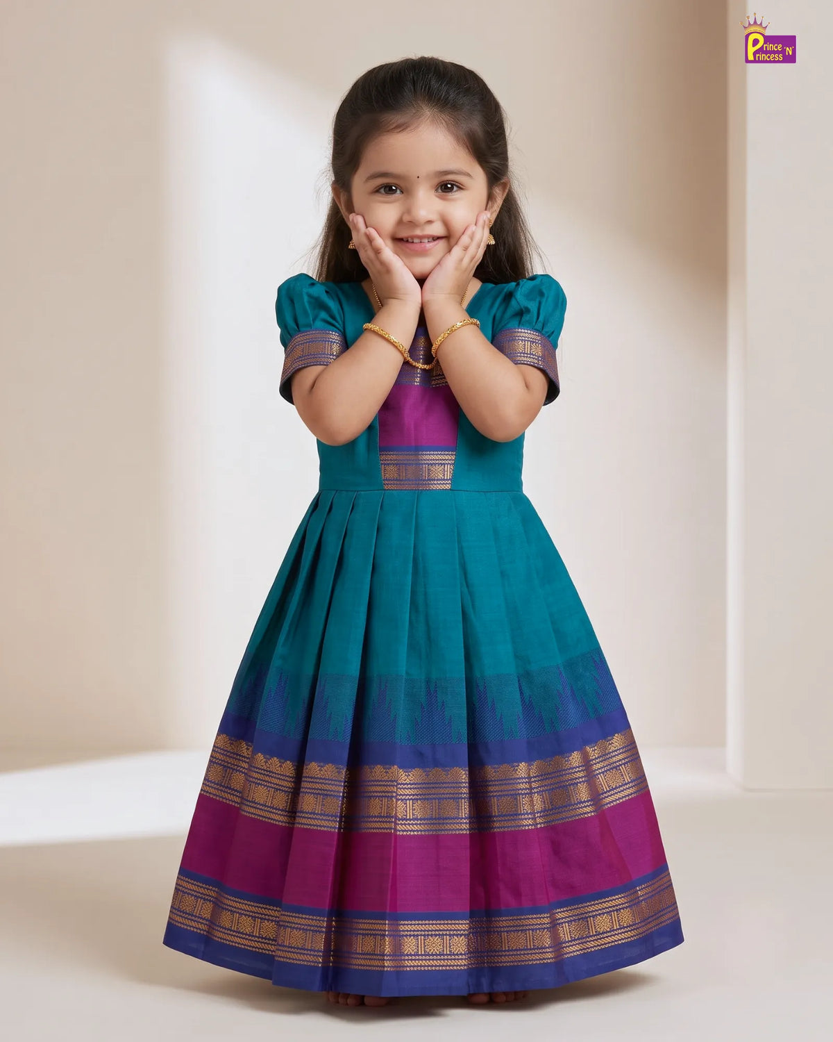 Girls Chettinad Pattu Gown - Floor Length Dress with Magenta Gold Paisley Border PG732
