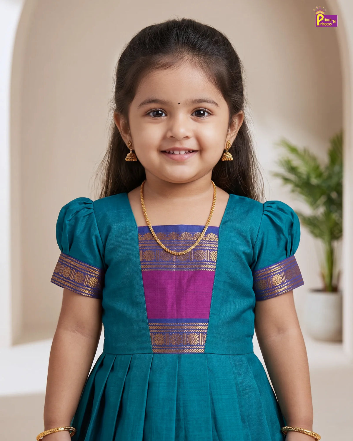 Girls Chettinad Pattu Gown - Floor Length Dress with Magenta Gold Paisley Border PG732