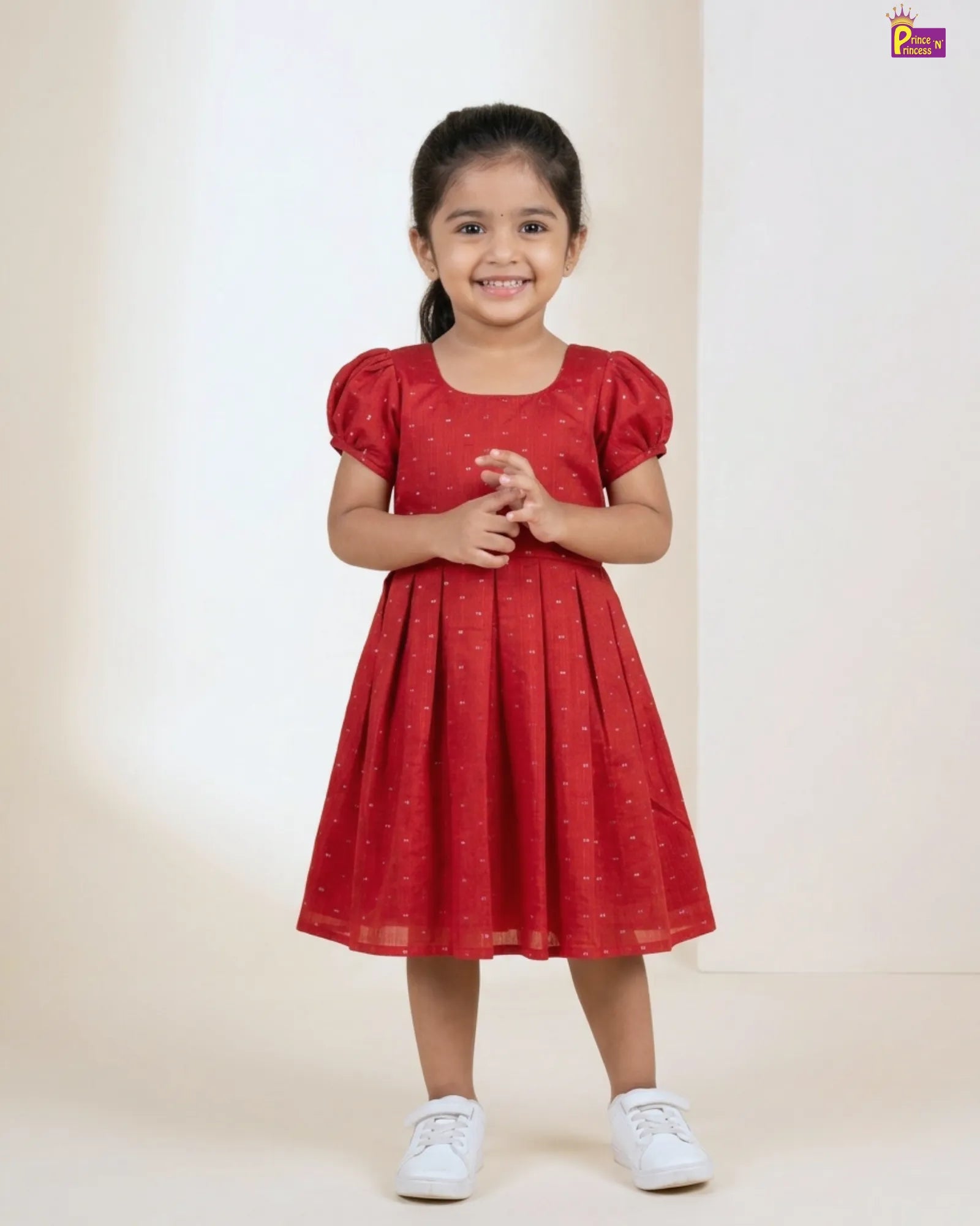 Red Dobby Cotton Frock for Girls | Square Neck Puff Sleeve Daily Wear CF437