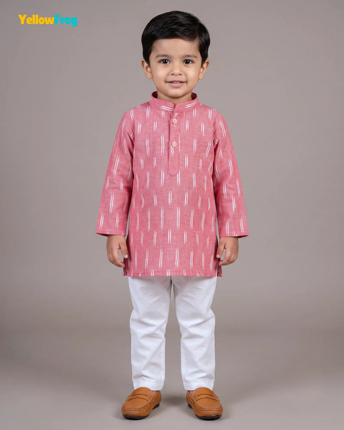 Boys Pure Cotton Ikkat Kurta Pyjama Set - Pink Ikkat Print Ethnic Wear with Collar KP230