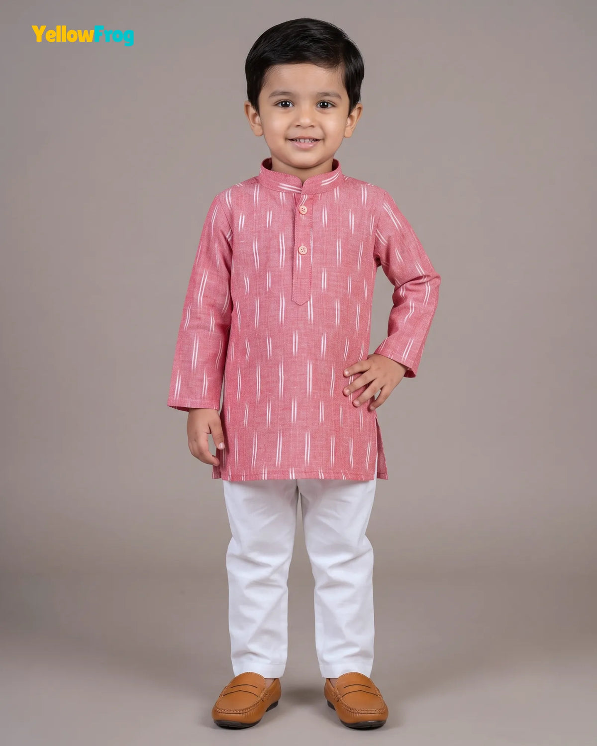 Boys Pure Cotton Ikkat Kurta Pyjama Set - Pink Ikkat Print Ethnic Wear with Collar KP230