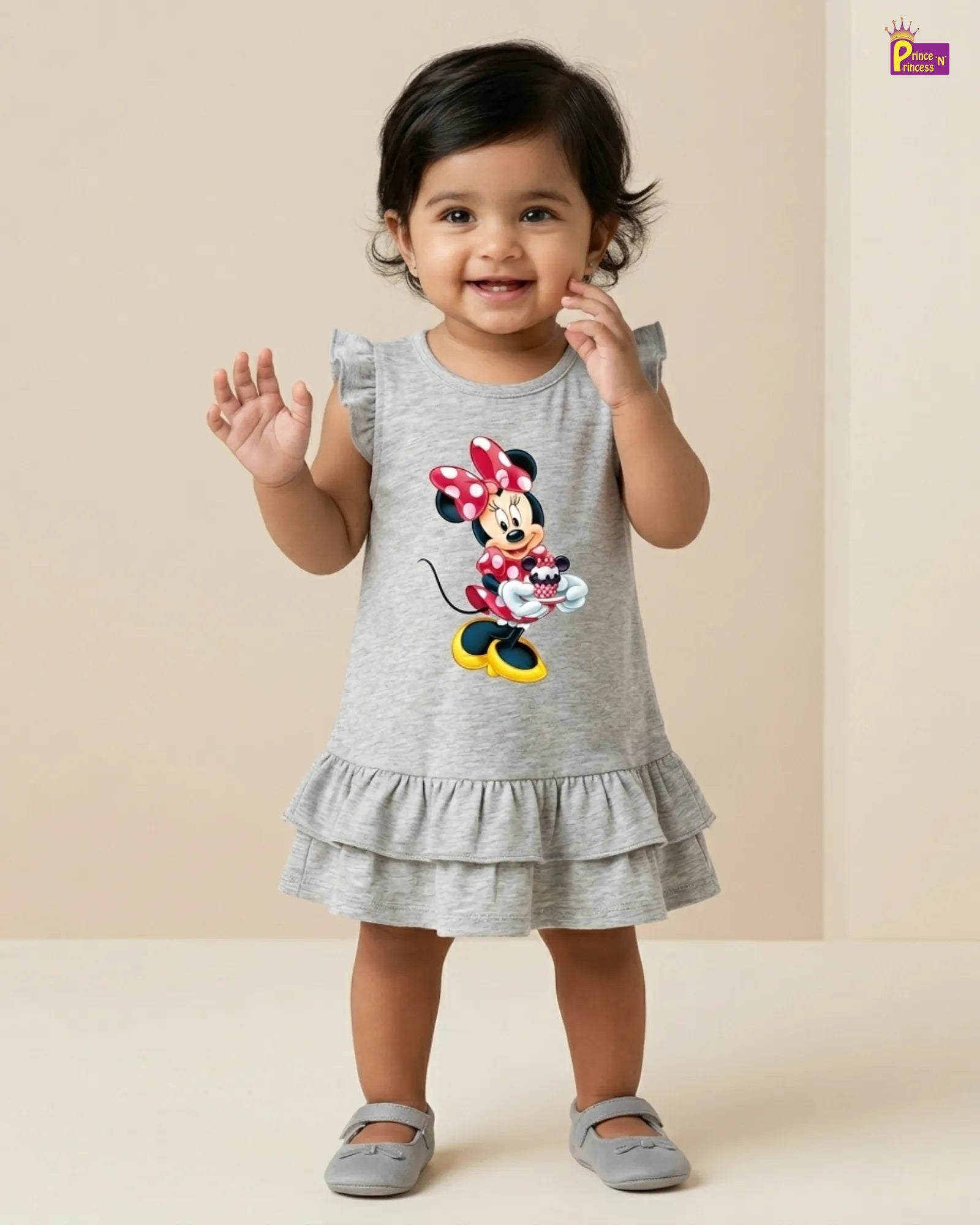Grey Knitted Ruffle Frock for Baby Girls | Graphic Print | Newborn to 3 Years KF067