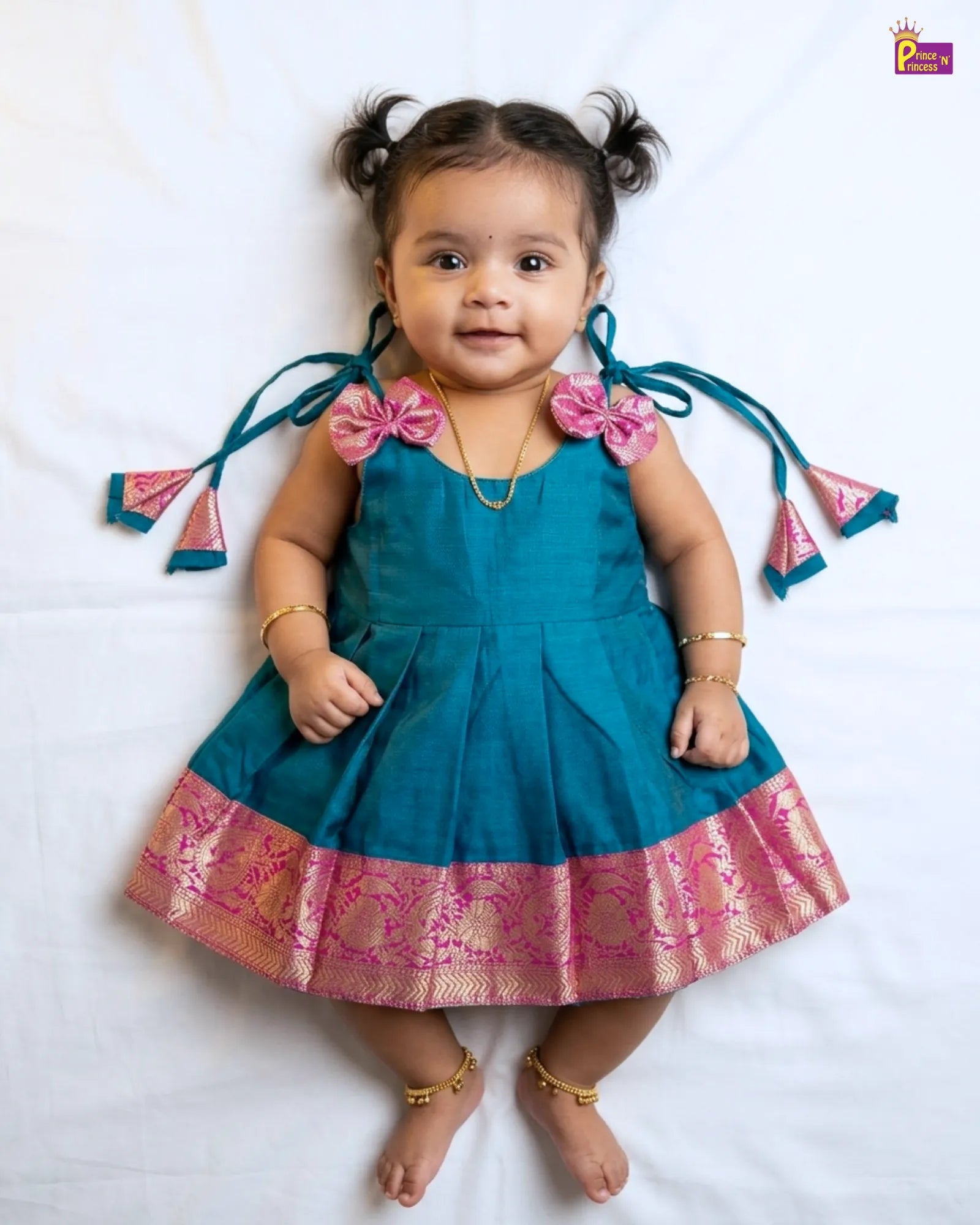 Newborn Baby Girl Rama Blue Chettinad Cotton Pattu Frock – Pink Gold Border Dress LF2025