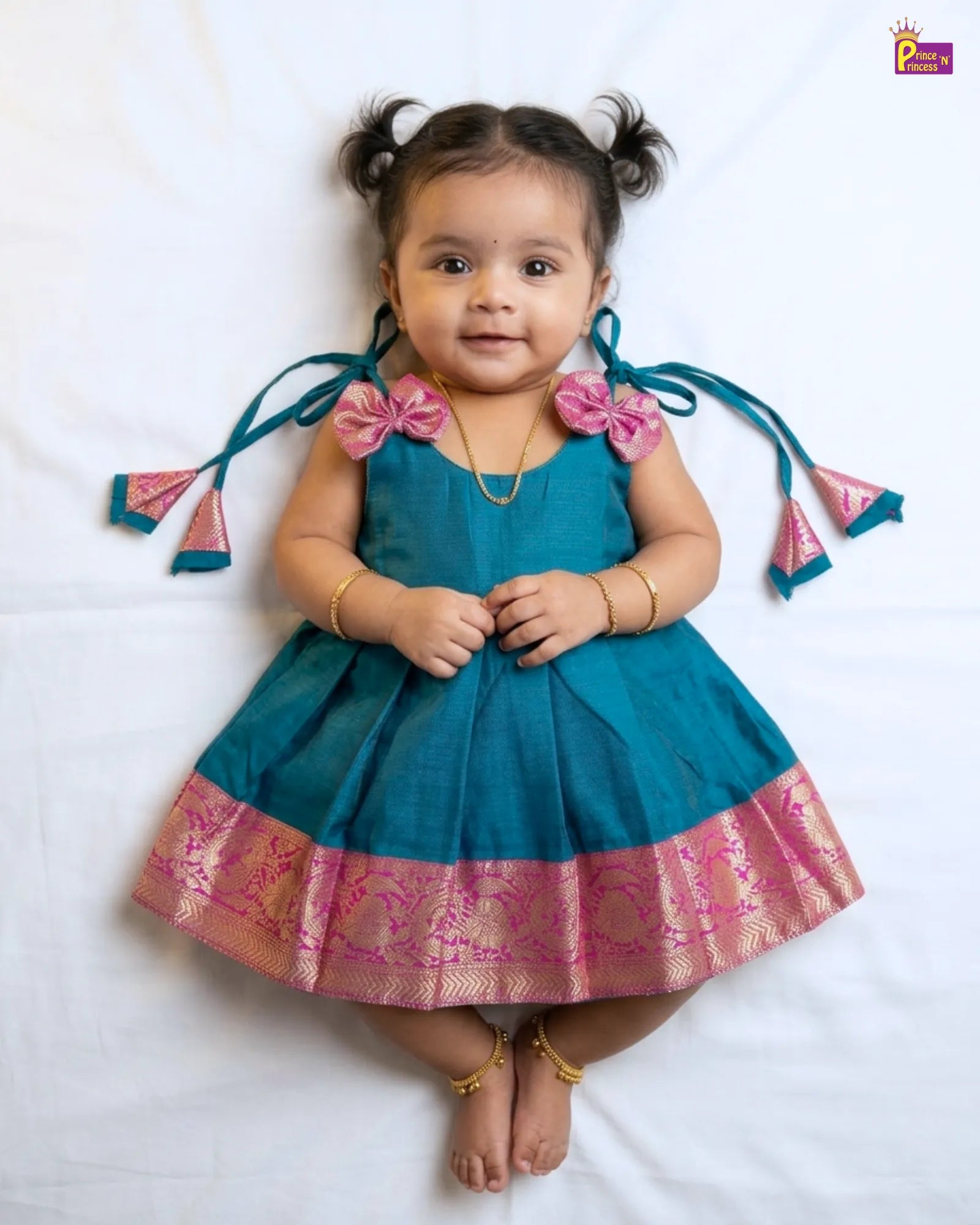 Newborn Baby Girl Rama Blue Chettinad Cotton Pattu Frock – Pink Gold Border Dress LF2025