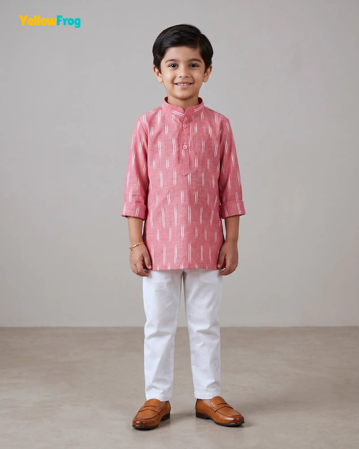 Boys Pure Cotton Ikkat Kurta Pyjama Set - Pink Ikkat Print Ethnic Wear with Collar KP230