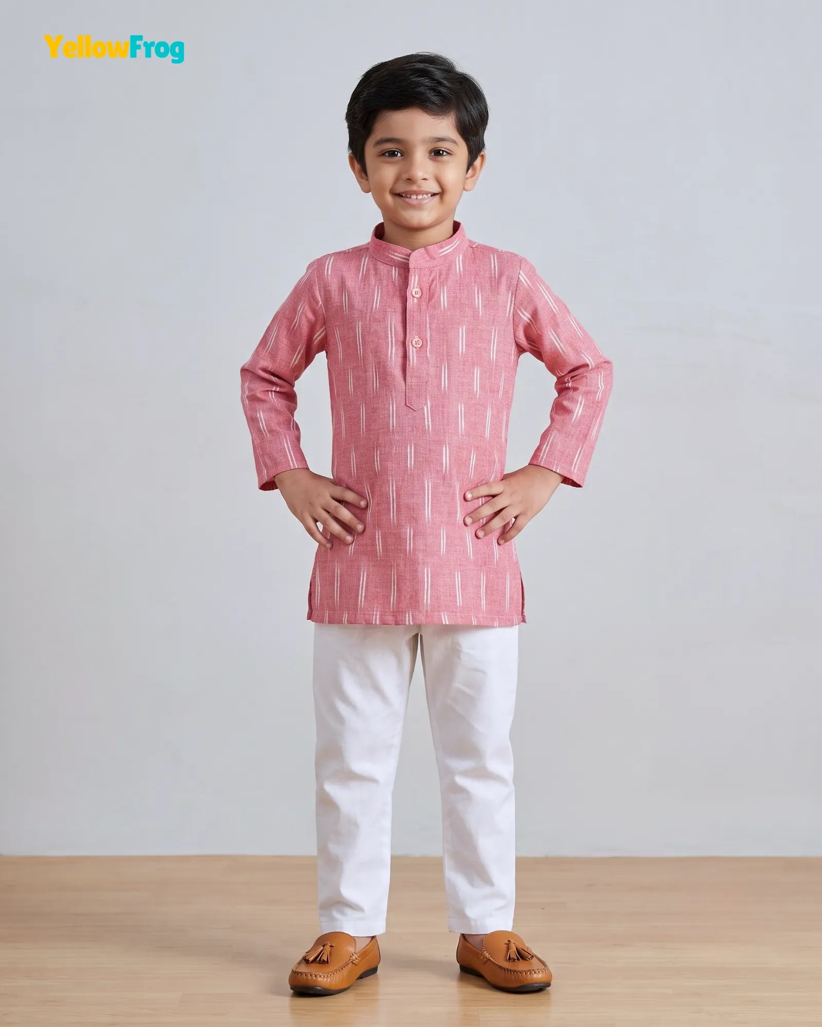 Boys Pure Cotton Ikkat Kurta Pyjama Set - Pink Ikkat Print Ethnic Wear with Collar KP230
