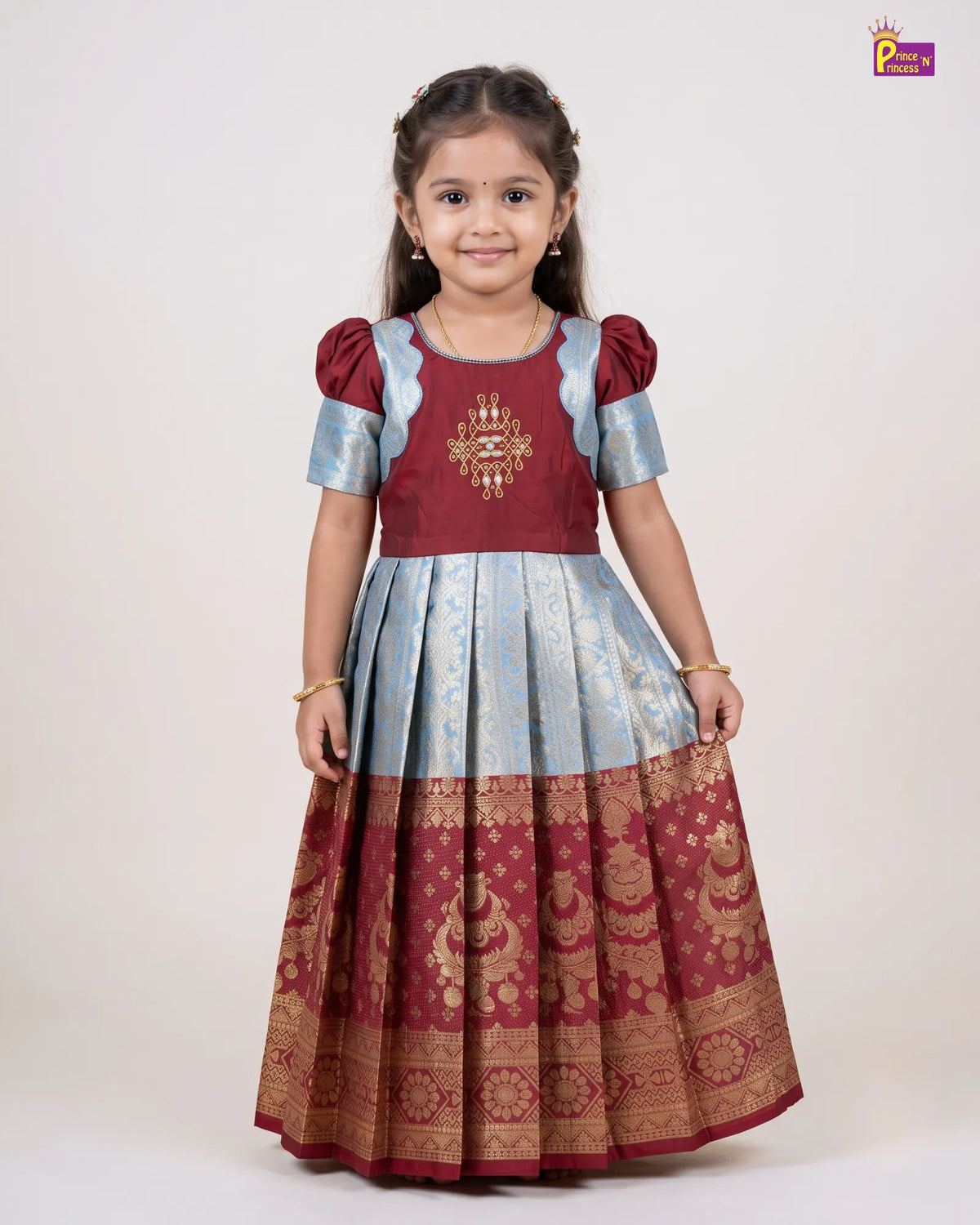 Trendy Pattu Gown for Girls - Maroon Silver Diwali Silk Gown PG738