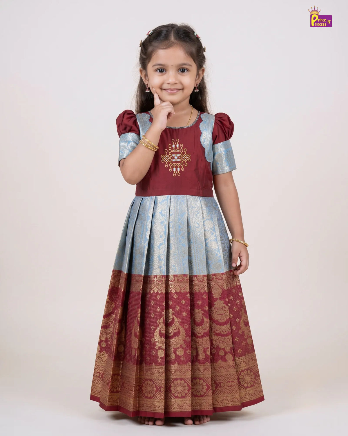 Trendy Pattu Gown for Girls - Maroon Silver Diwali Silk Gown PG738