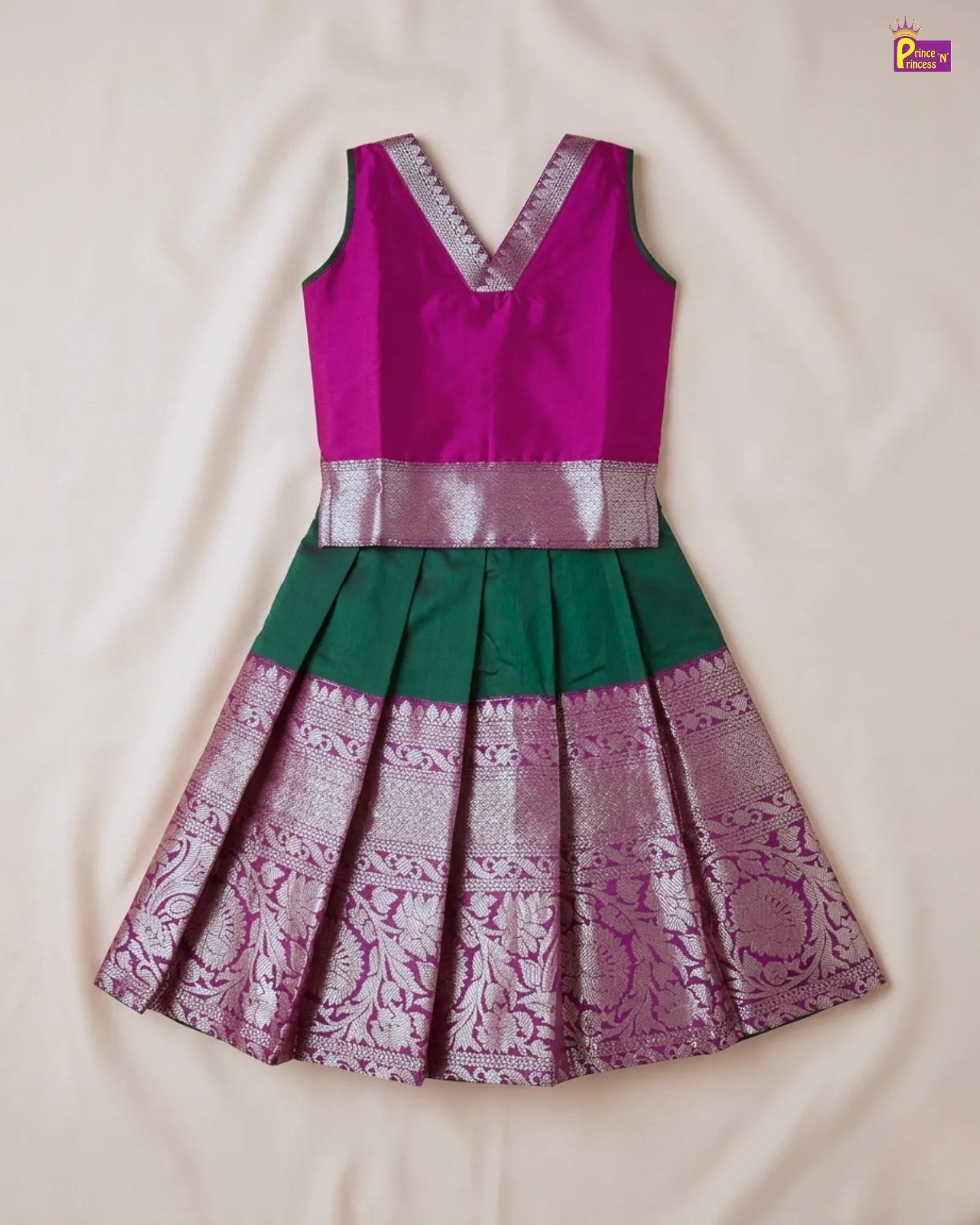 Two-tone dress with purple and green colors on a beige background