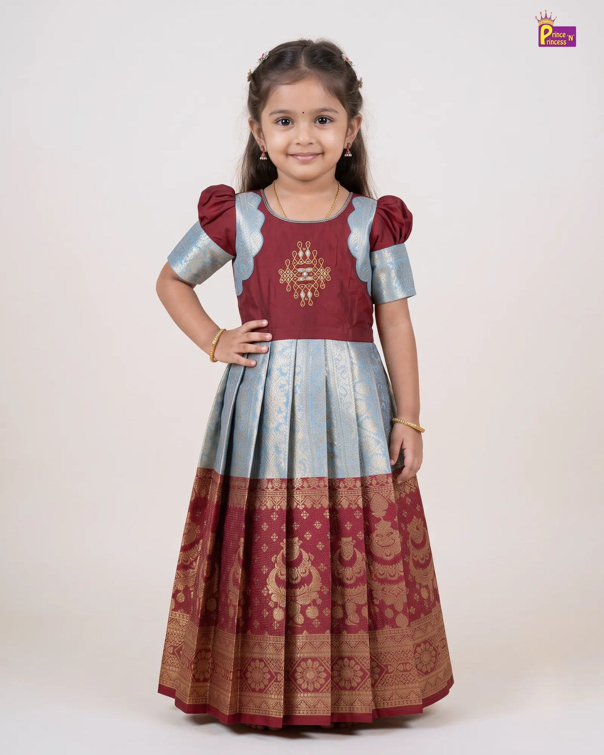 Trendy Pattu Gown for Girls - Maroon Silver Diwali Silk Gown PG738