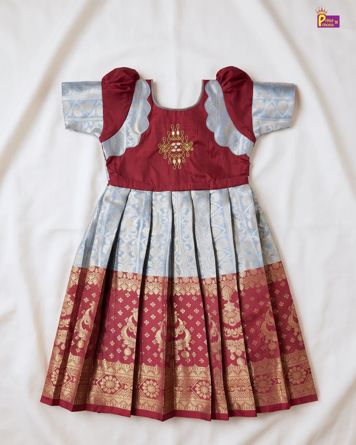 Trendy Pattu Gown for Girls - Maroon Silver Diwali Silk Gown PG738