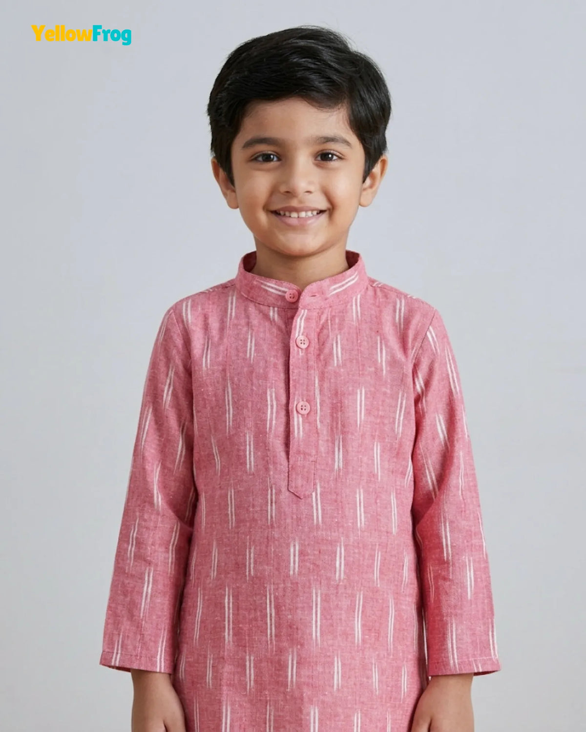 Boys Pure Cotton Ikkat Kurta Pyjama Set - Pink Ikkat Print Ethnic Wear with Collar KP230